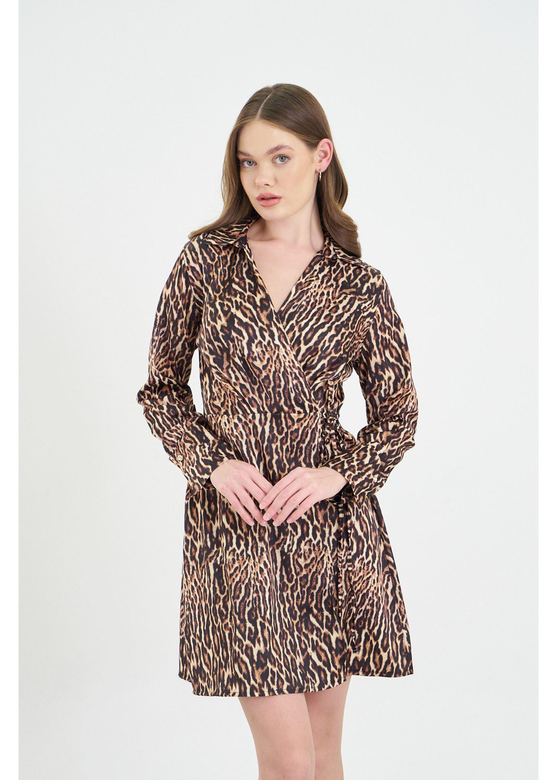 Leopar Desen Kruvaze Yaka Saten Elbise-Vizon