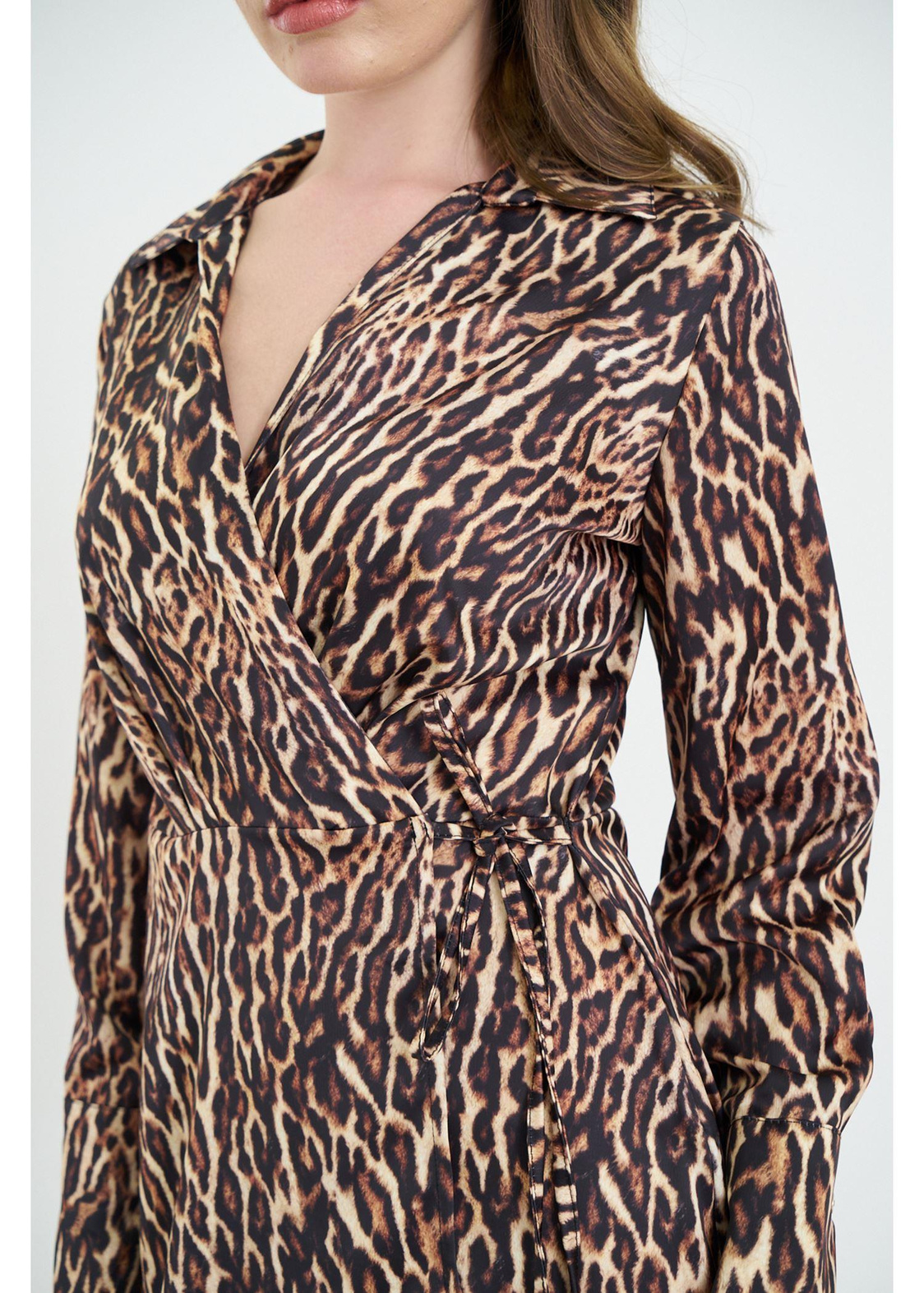 Leopar Desen Kruvaze Yaka Saten Elbise-Vizon
