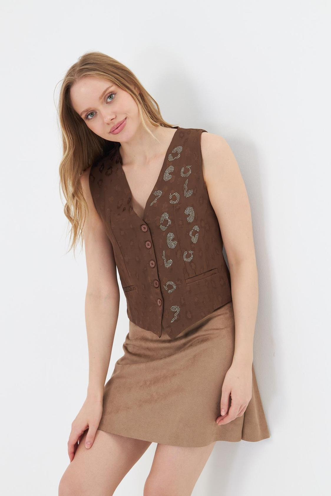 Leopar Desen Taşlı Yelek