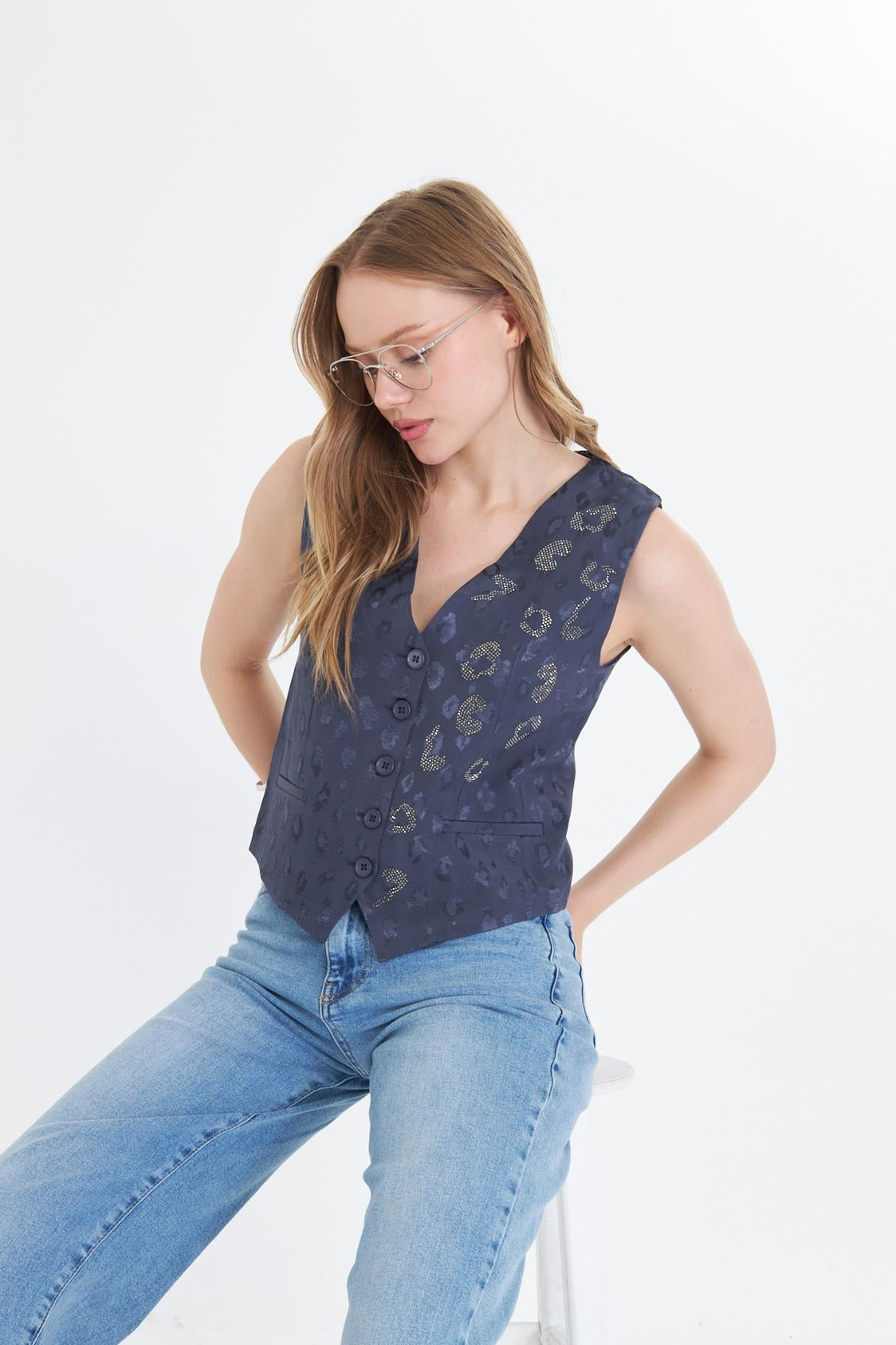 Leopar Desen Taşlı Yelek - Mint