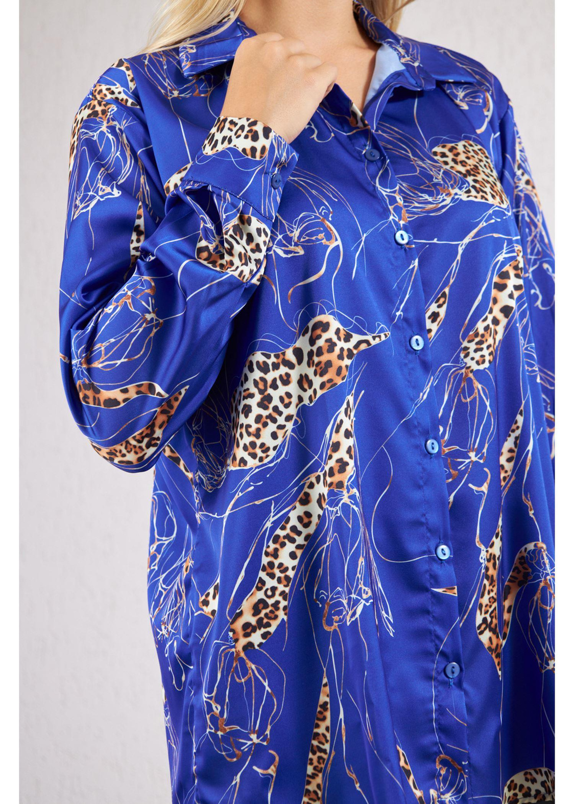 Leopar Desenli Saten Gömlek-Sax