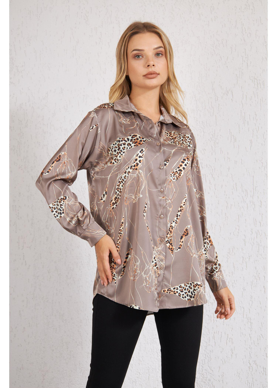 Leopar Desenli Saten Gömlek-Vizon