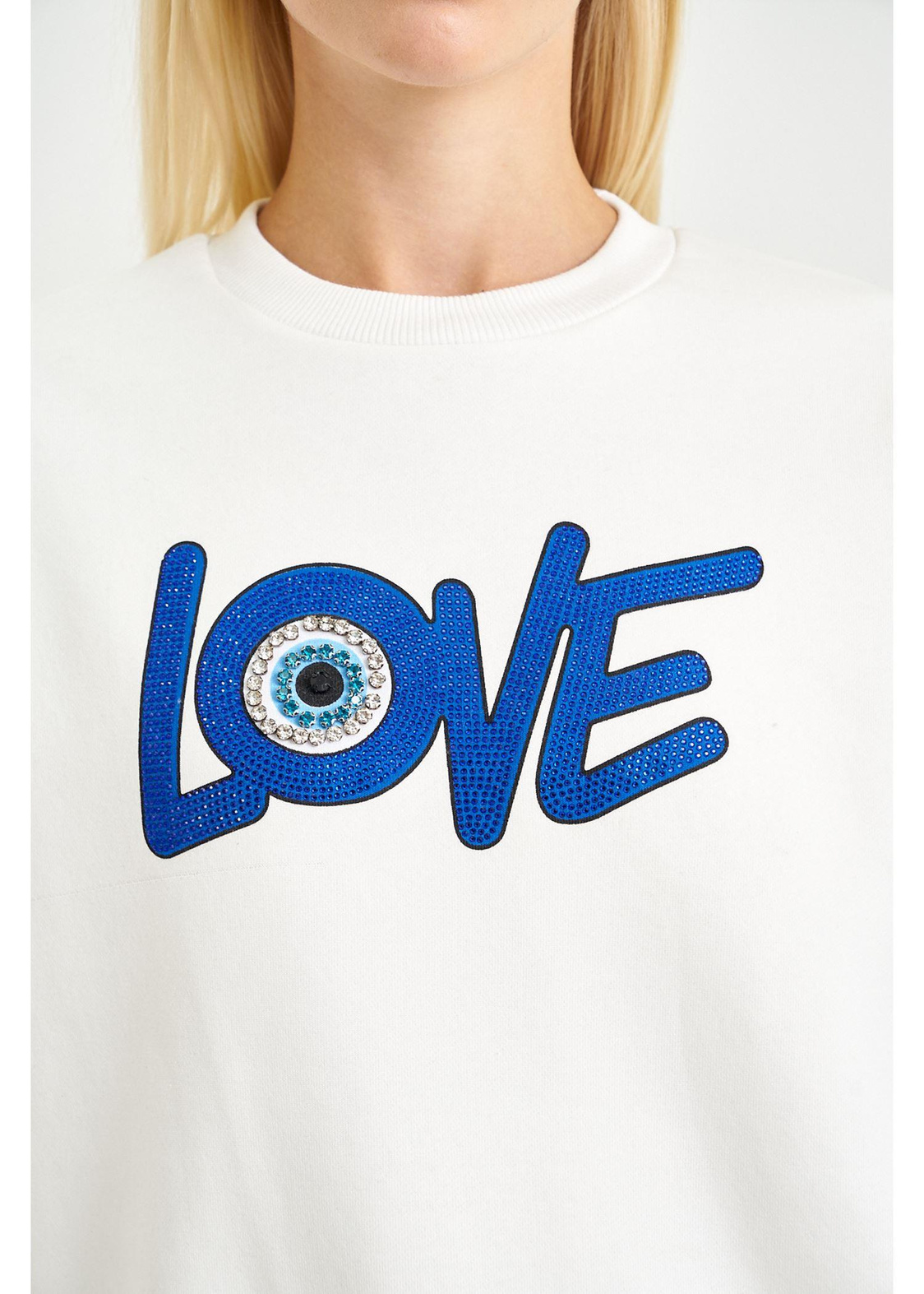 Love Baskılı Sweatshirt-Ekru