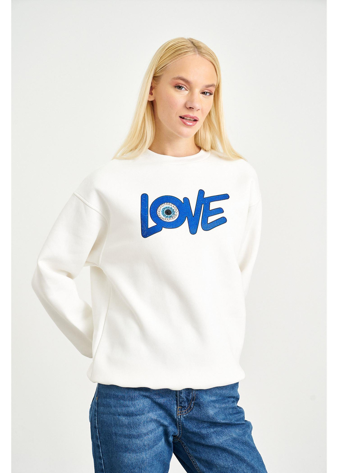Love Baskılı Sweatshirt-Ekru