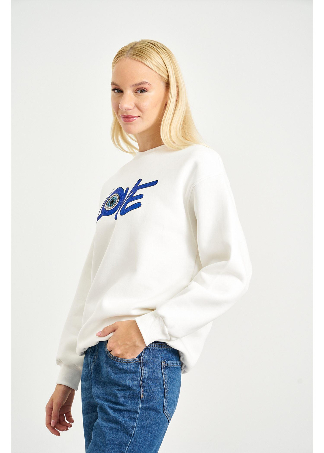 Love Baskılı Sweatshirt-Ekru