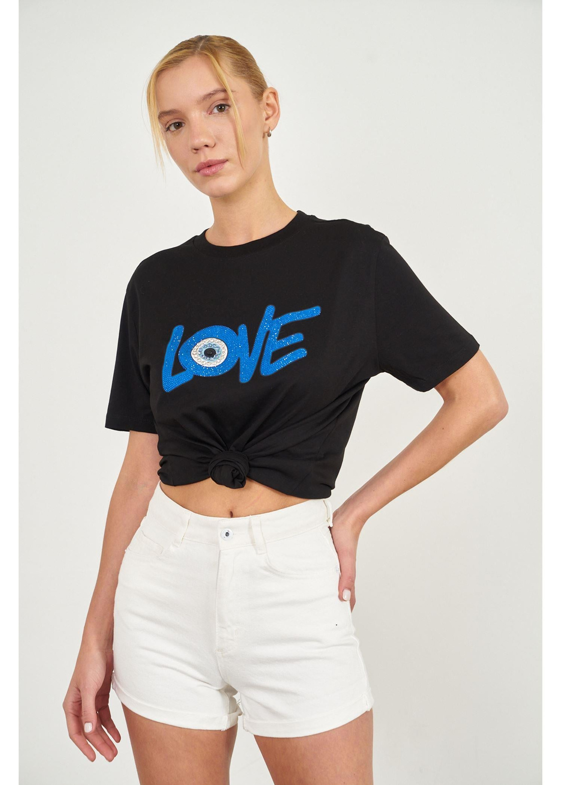 Love Baskılı Taşlı T-shirt-Siyah
