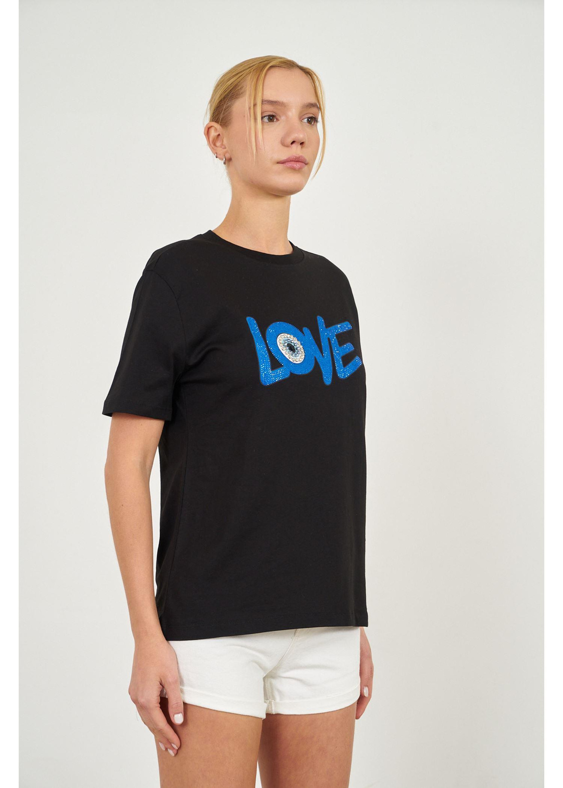 Love Baskılı Taşlı T-shirt-Siyah