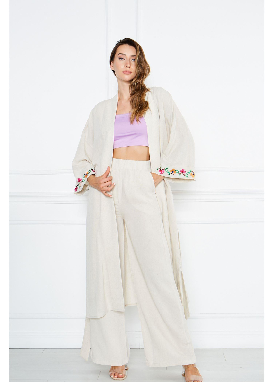 Nakışlı Düz Keten Kimono-Taş