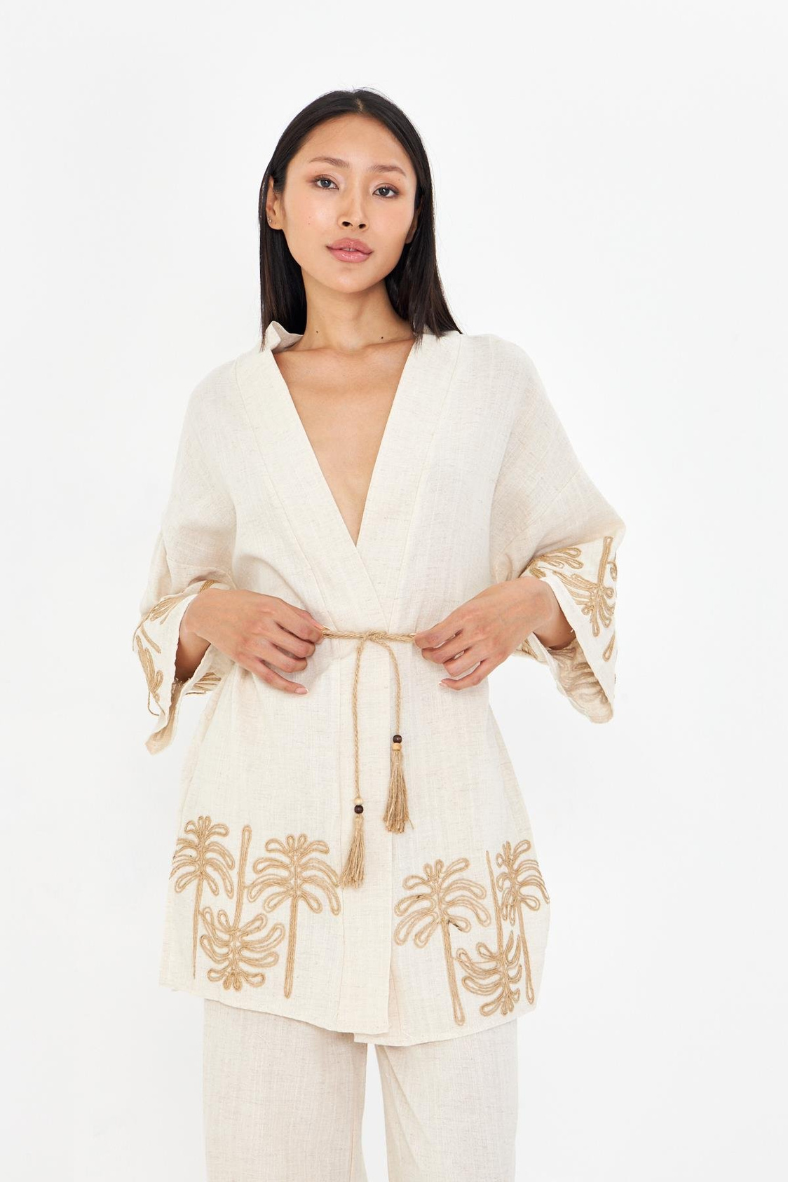 Nakışlı Hasır Kemerli Keten Görünümlü Kimono