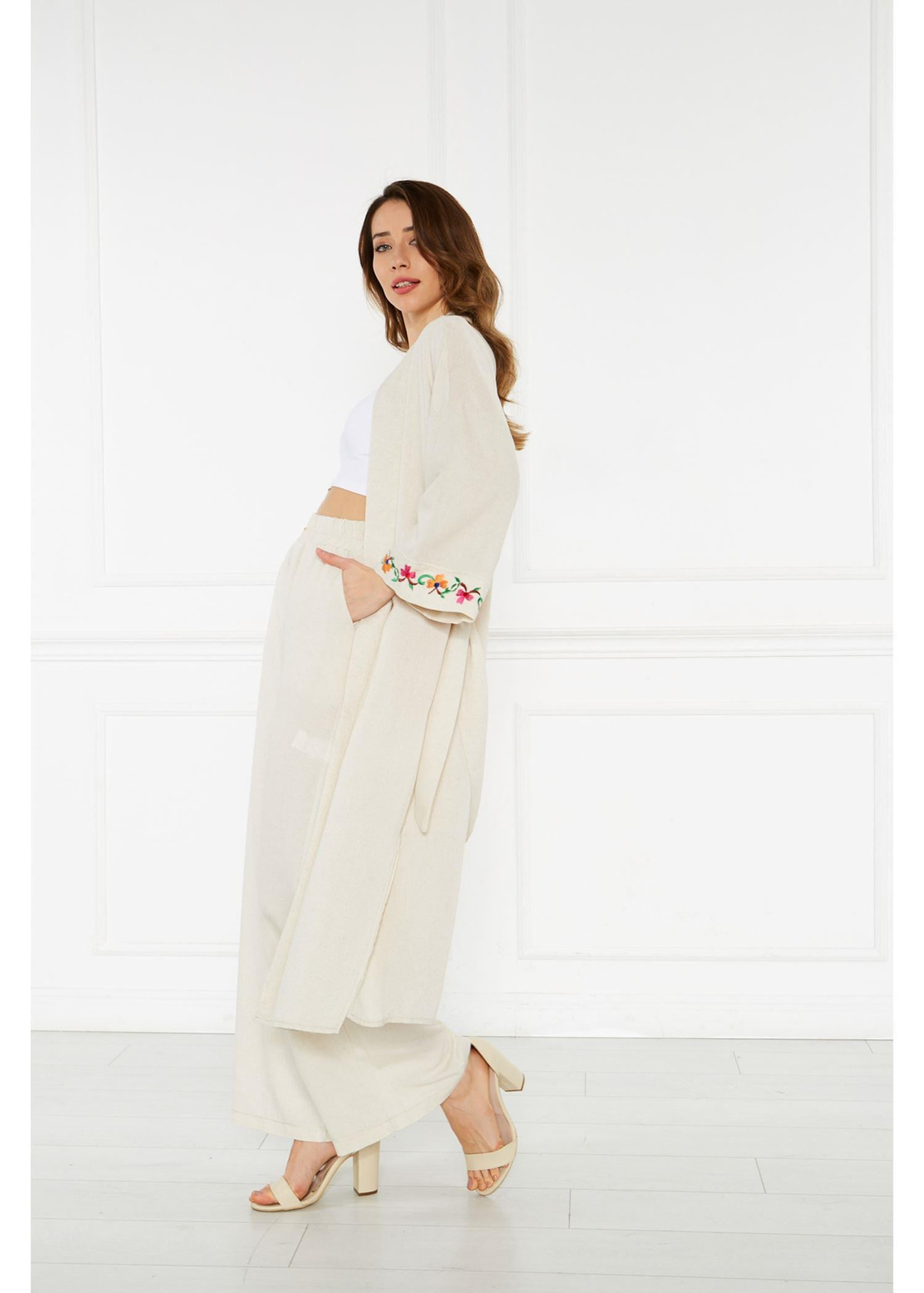 Nakışlı Keten Kimono-Taş