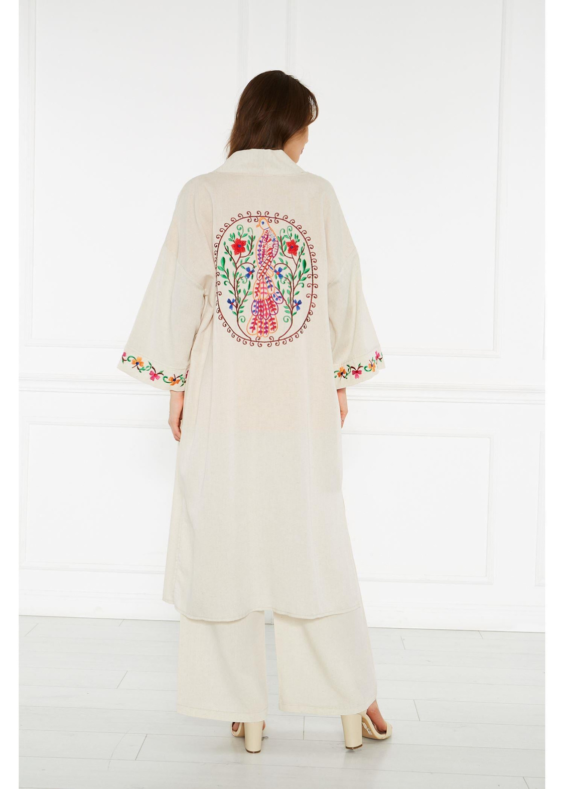 Nakışlı Keten Kimono-Taş