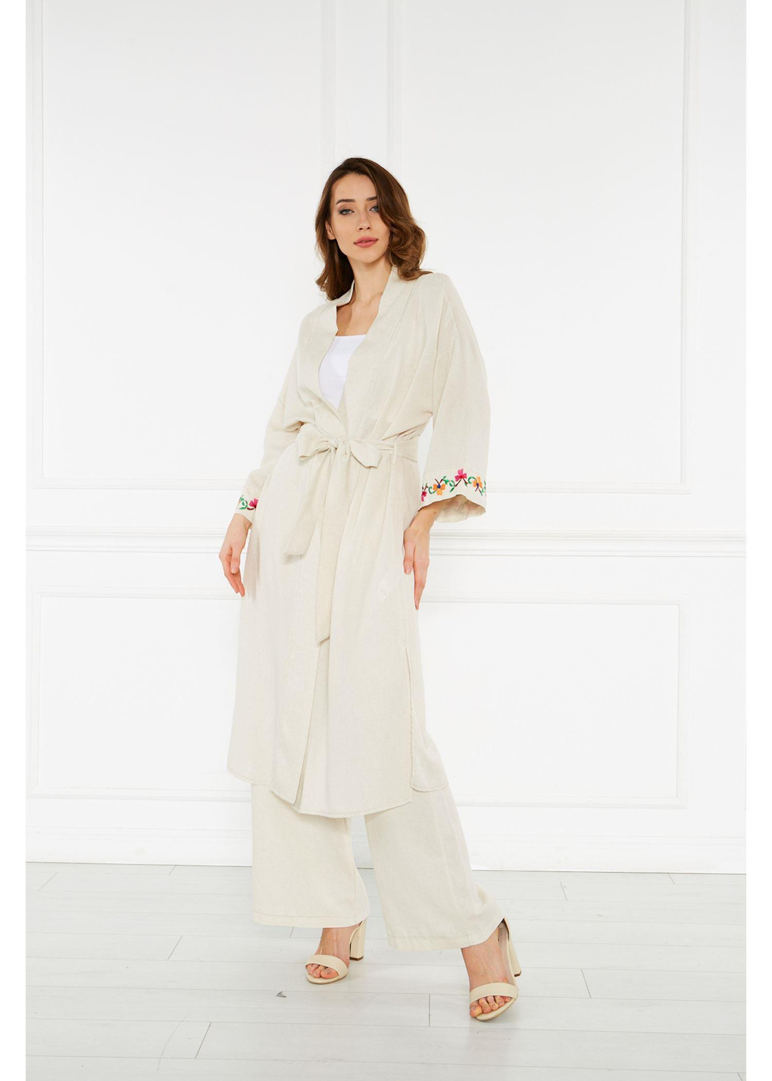 Nakışlı Keten Kimono-Taş