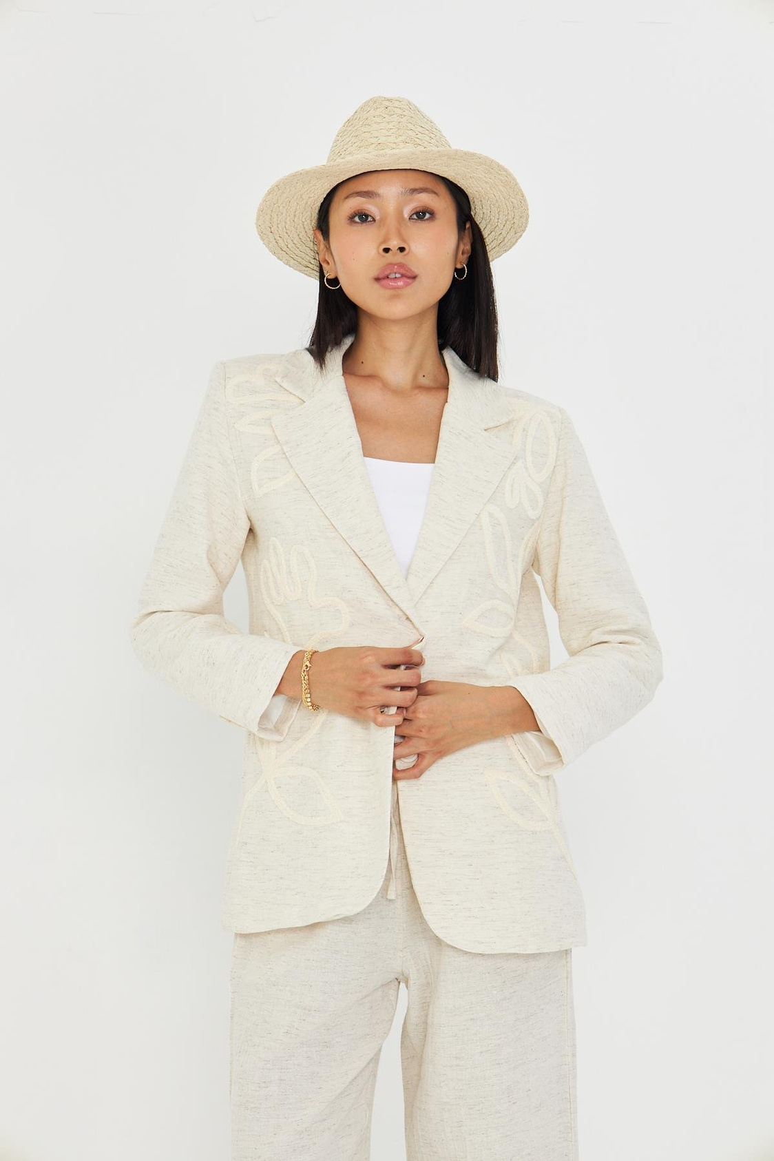 Nakışlı Kruvaze Yaka Keten Görünümlü Ceket 