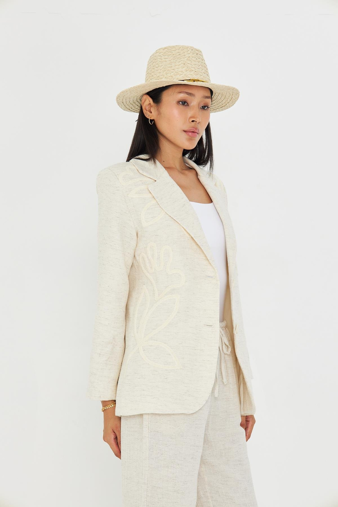 Nakışlı Kruvaze Yaka Keten Görünümlü Ceket 