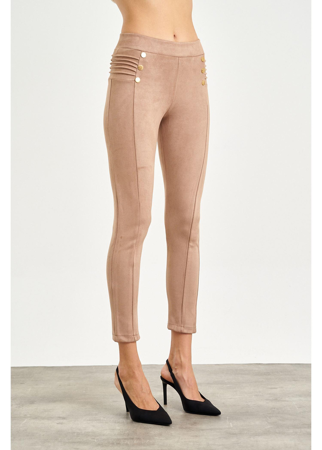 Nervür Detaylı Süet Tayt-Vizon