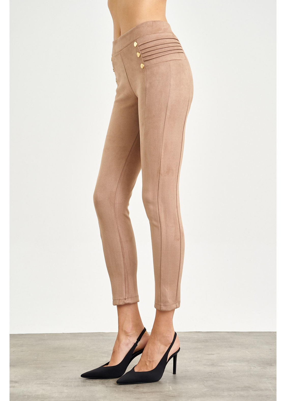 Nervür Detaylı Süet Tayt-Vizon