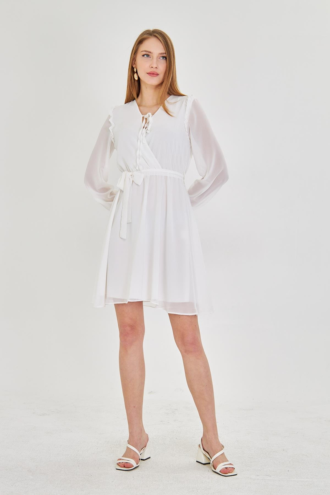 Omuzları Fırfırlı Şifon Elbise-Ekru