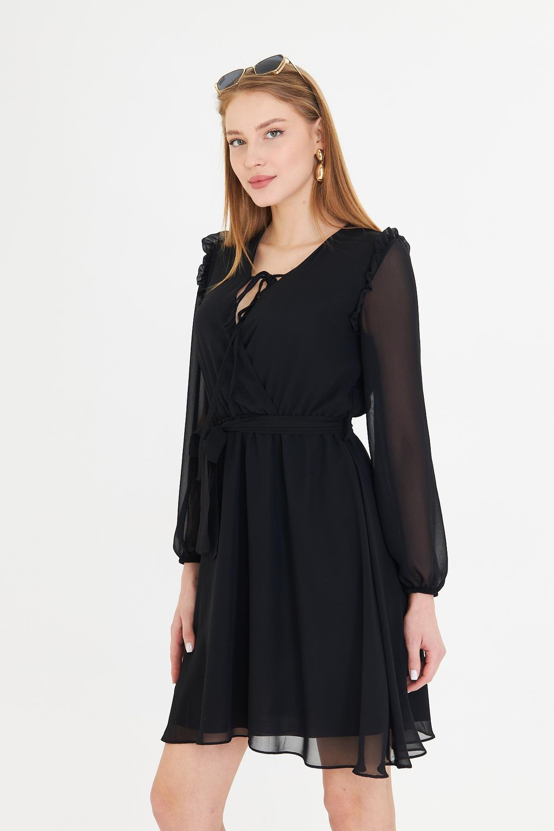 Omuzları Fırfırlı Şifon Elbise-Siyah