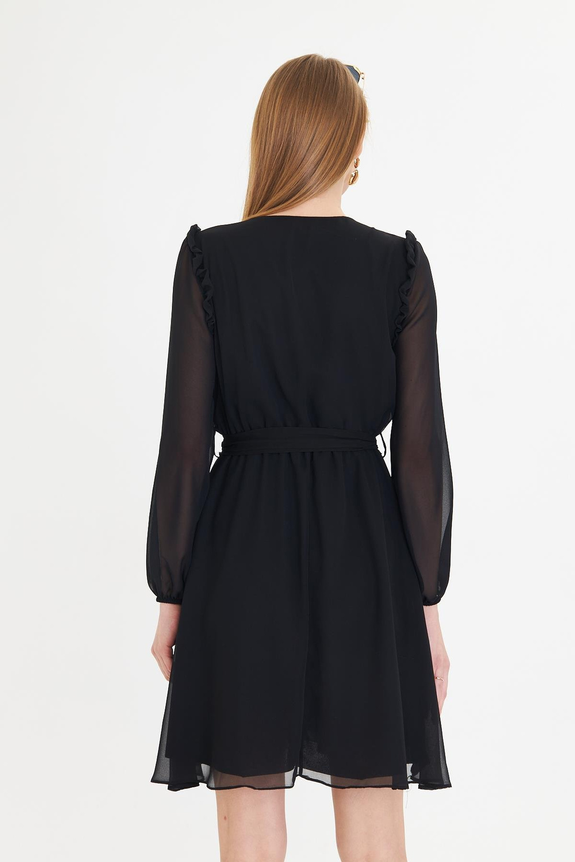 Omuzları Fırfırlı Şifon Elbise-Siyah