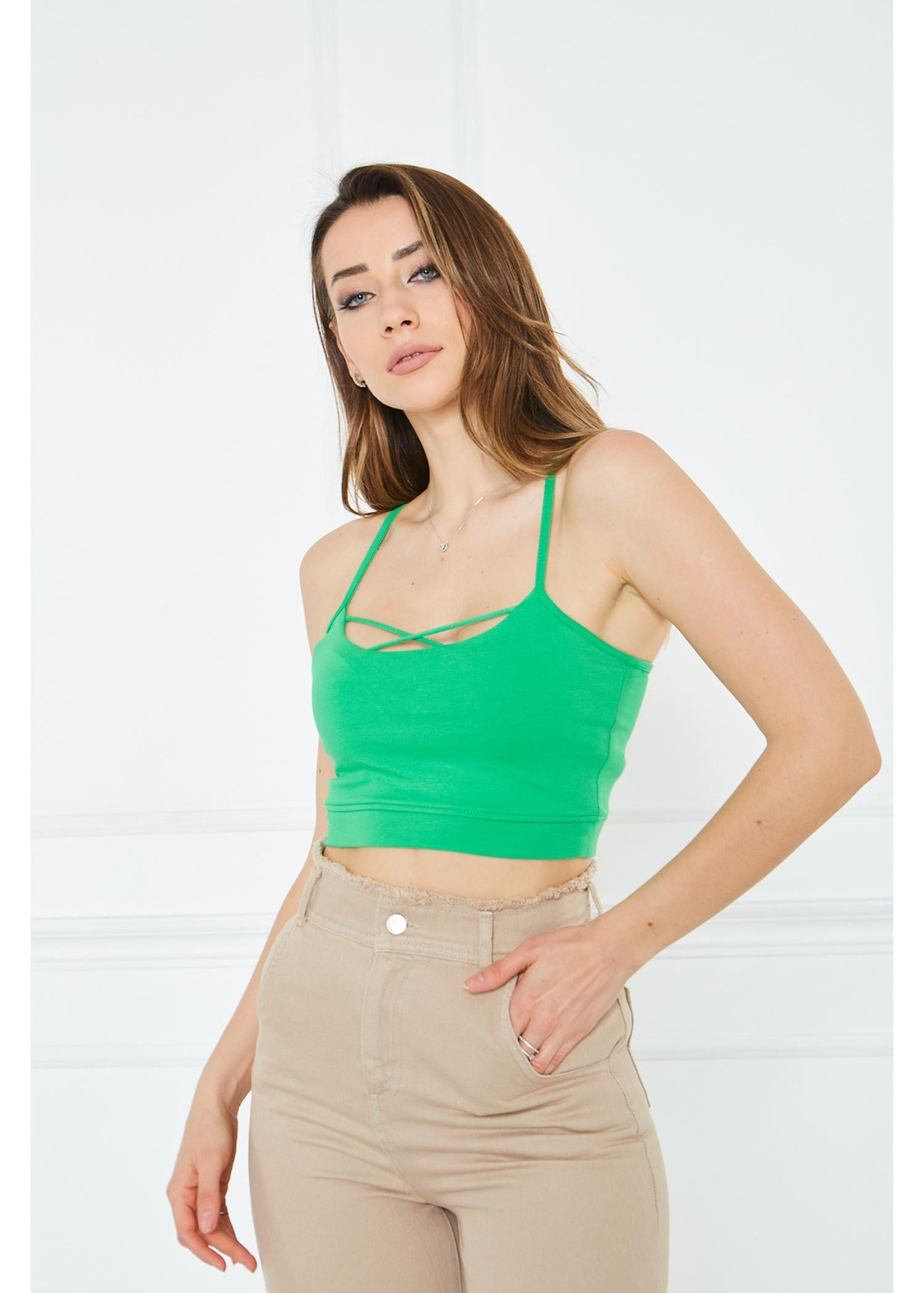 Önü Çapraz İpli Crop Atlet-Yeşil