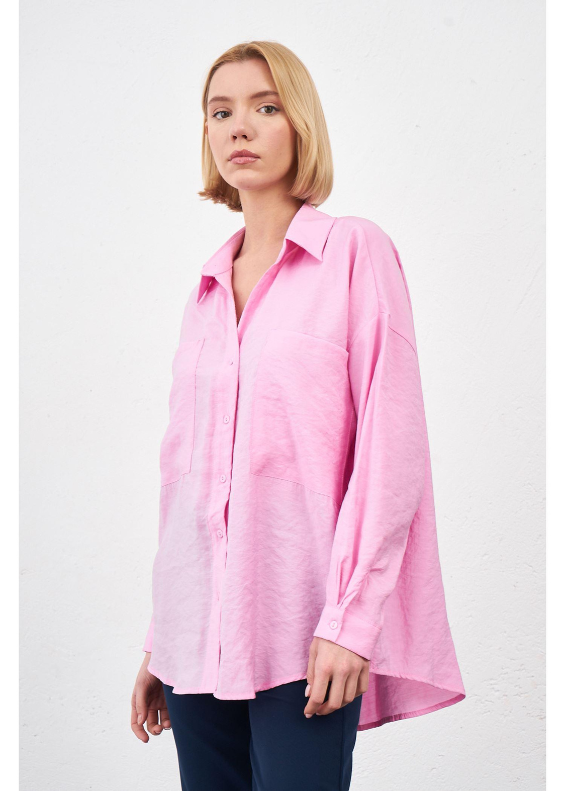 Önü Cepli Viskon Gömlek-Pembe