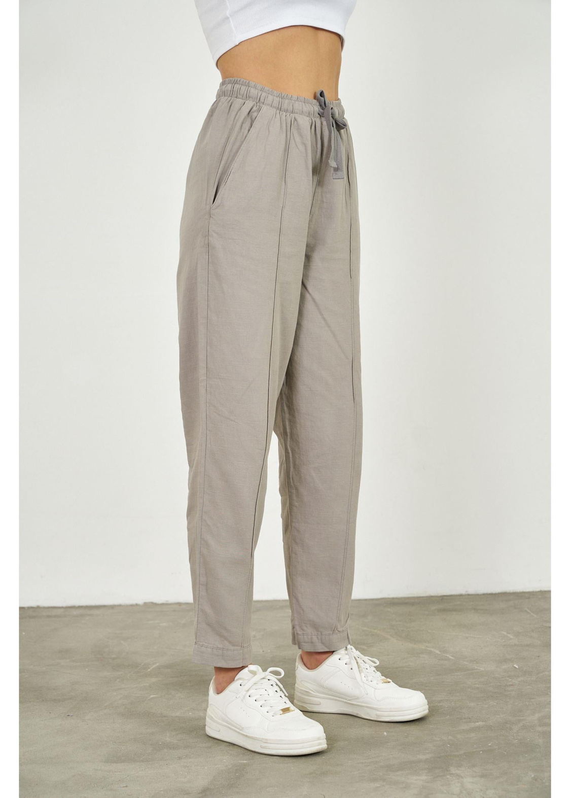 Önü Çimalı Slouchy Fit Pantolon-Gri