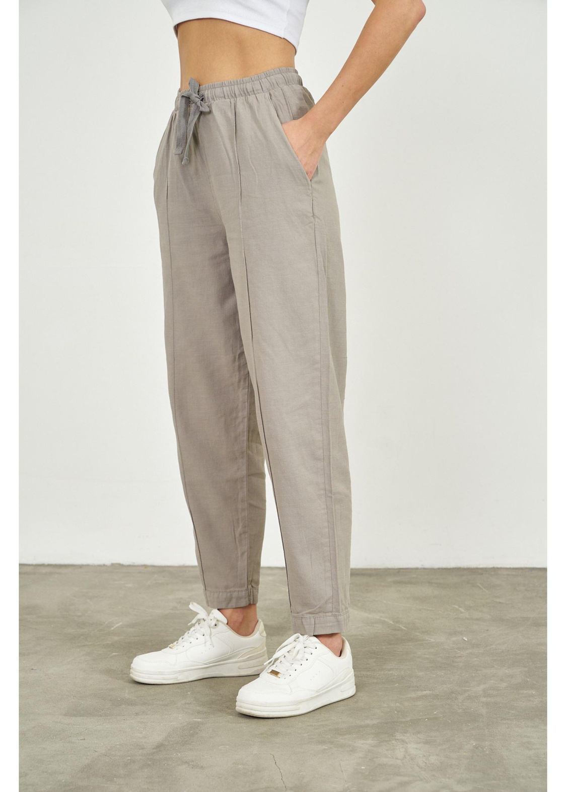 Önü Çimalı Slouchy Fit Pantolon-Gri