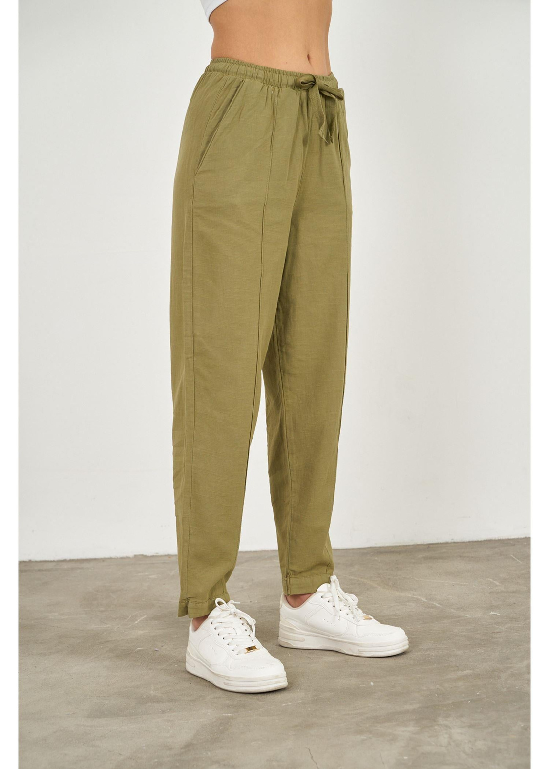 Önü Çimalı Slouchy Fit Pantolon-Haki
