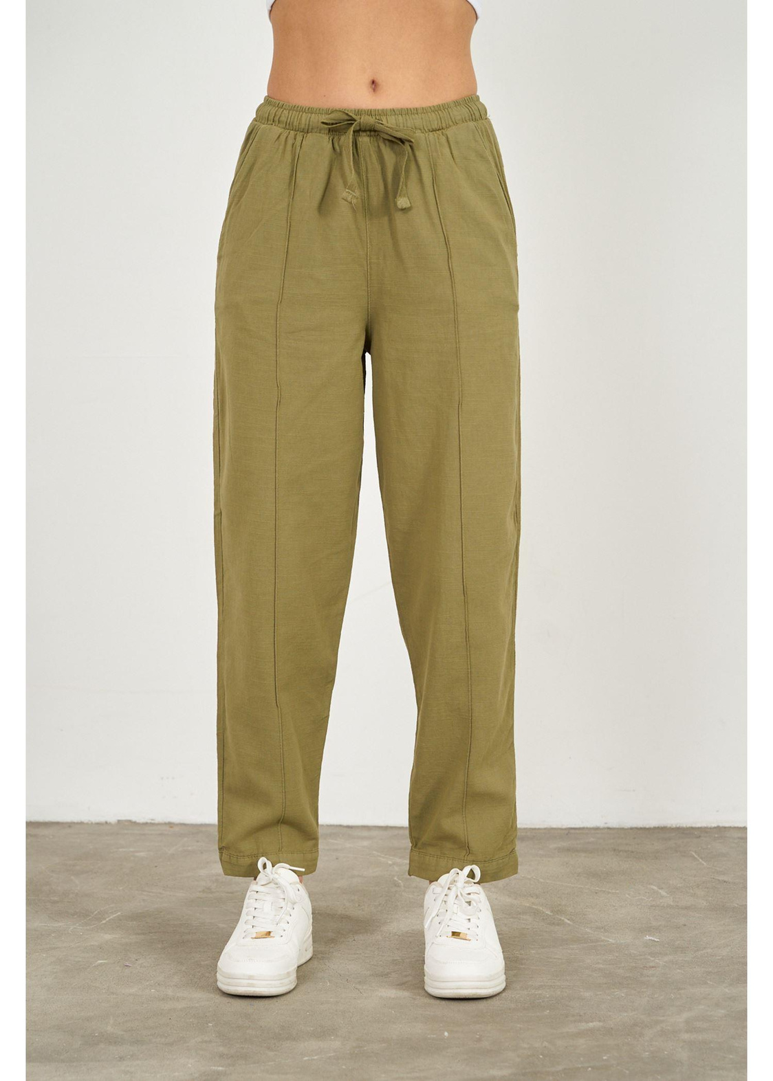 Önü Çimalı Slouchy Fit Pantolon-Haki