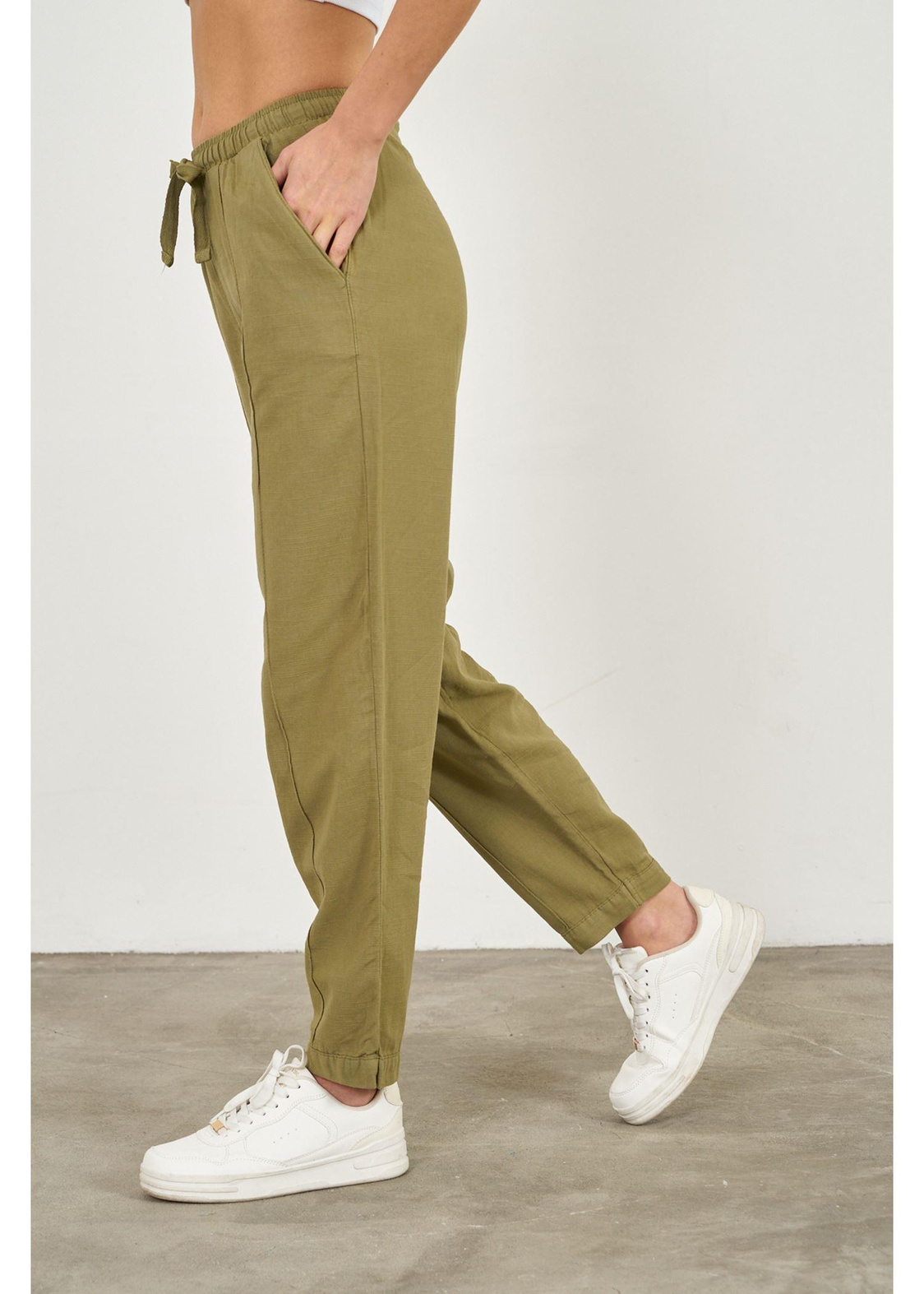 Önü Çimalı Slouchy Fit Pantolon-Haki