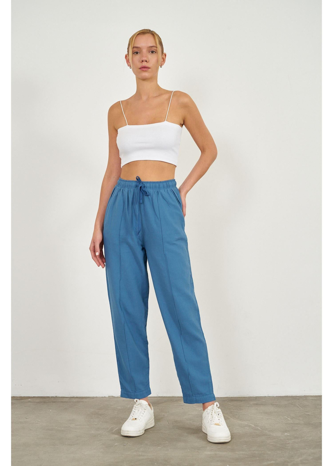 Önü Çimalı Slouchy Fit Pantolon-Mavi