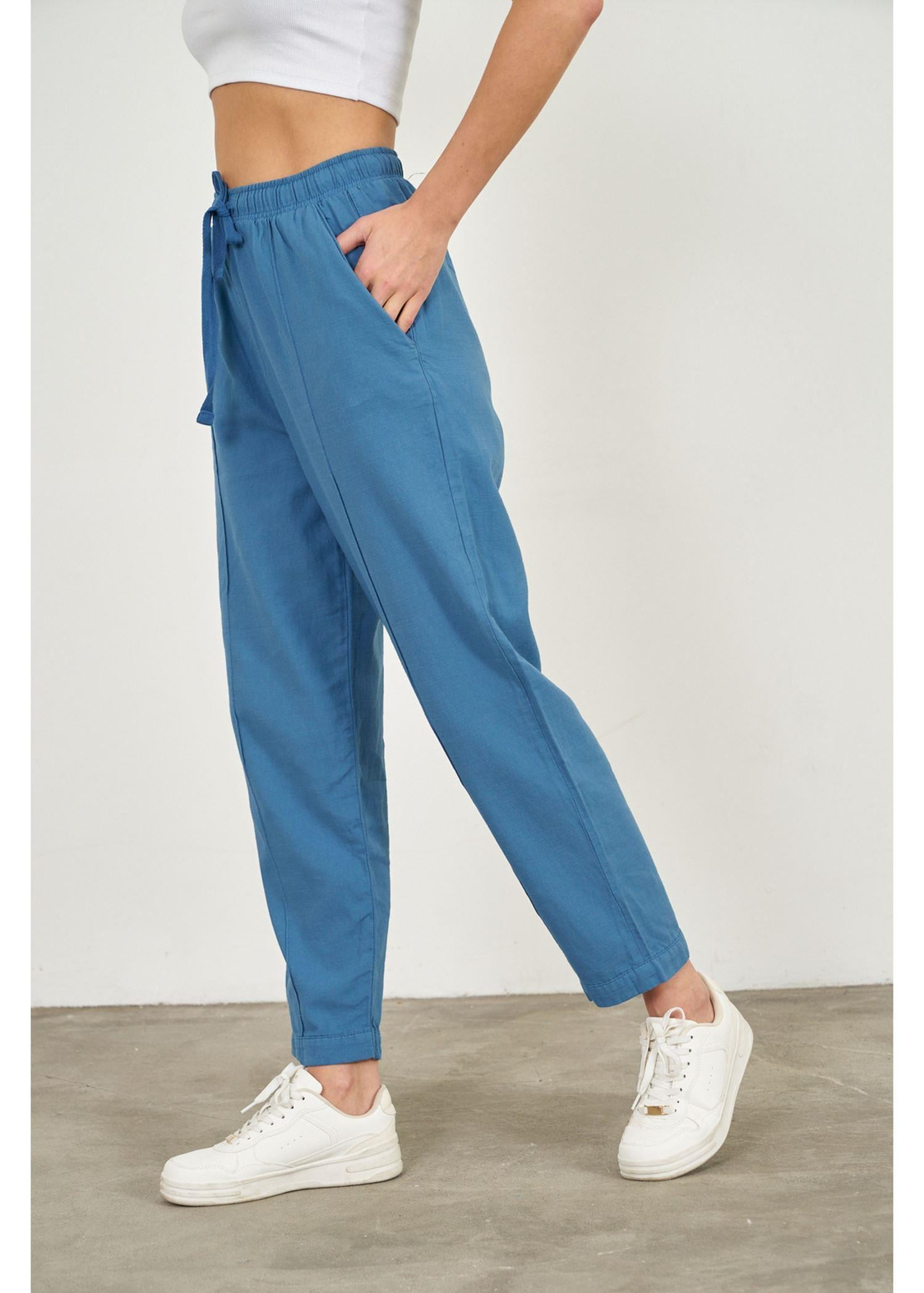 Önü Çimalı Slouchy Fit Pantolon-Mavi