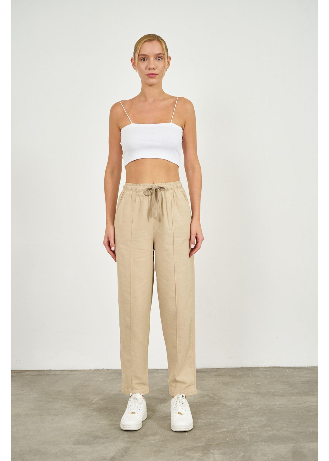 Önü Çimalı Slouchy Fit Pantolon-Vizon