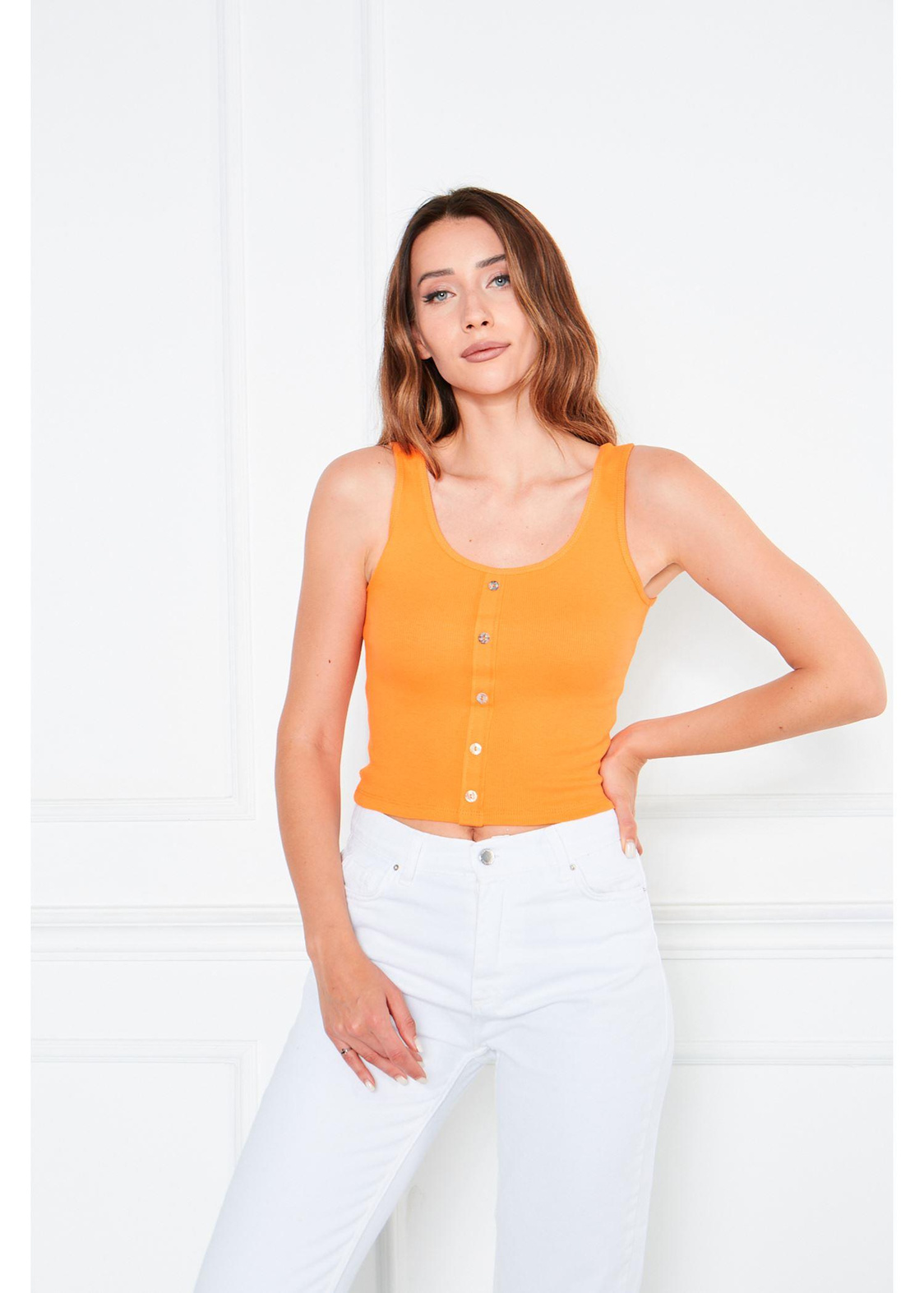 Önü Düğme Detaylı Atlet-Turuncu