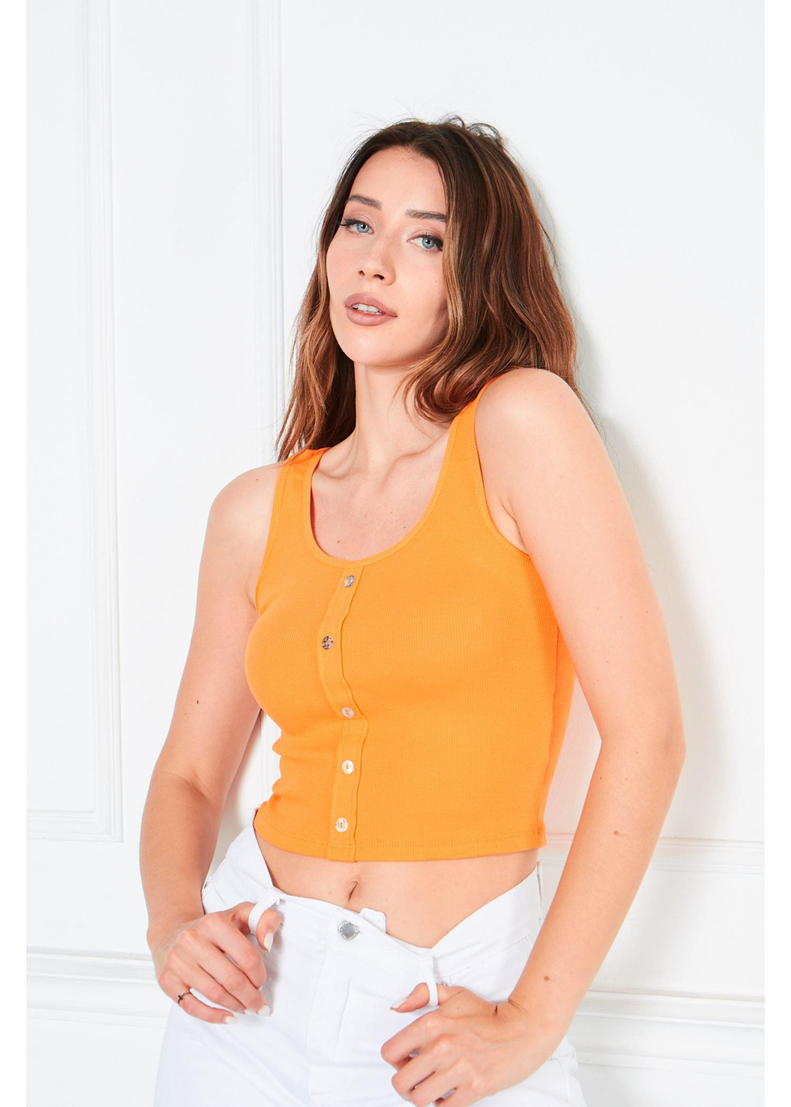 Önü Düğme Detaylı Atlet-Turuncu