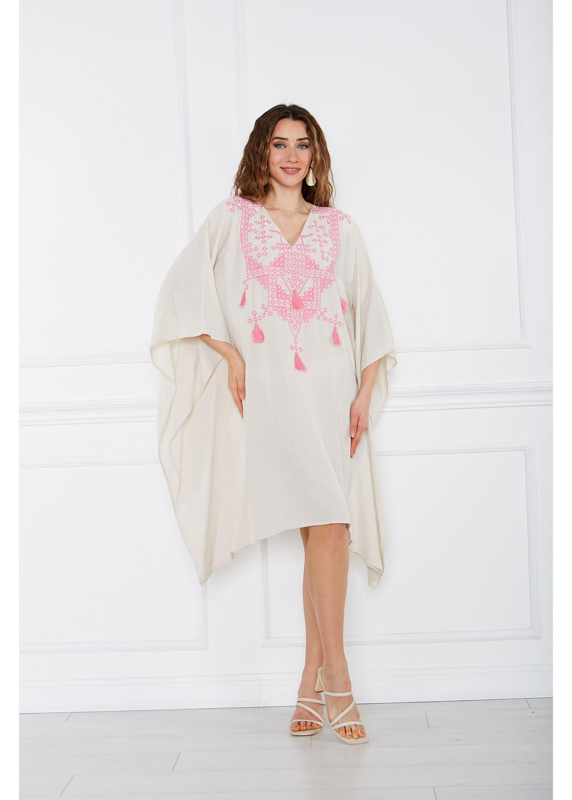 Önü Nakışlı Keten Kimono-Pembe