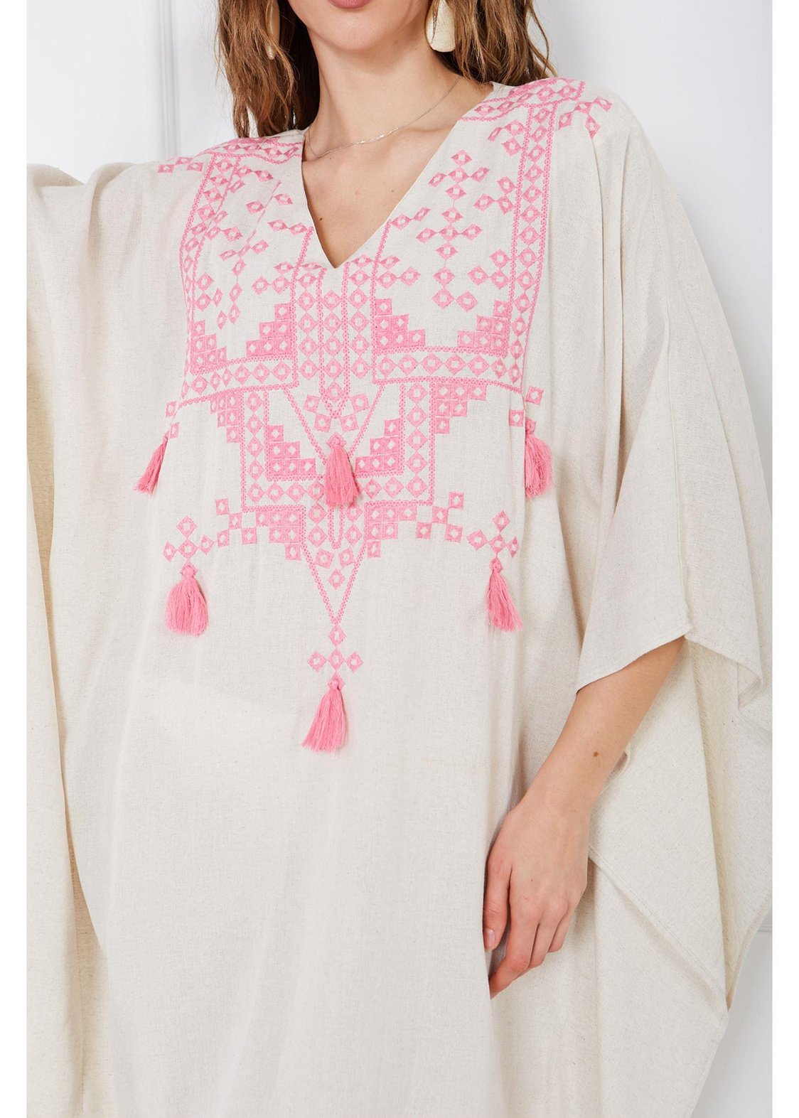 Önü Nakışlı Keten Kimono-Pembe