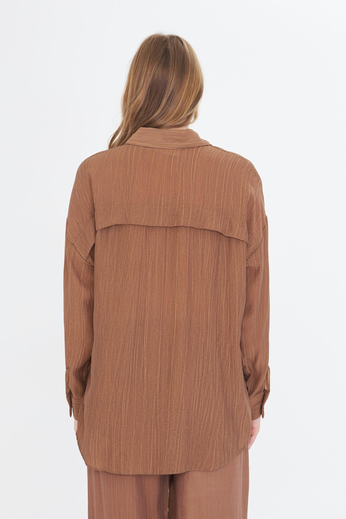 Önü Taşlı Çizgili Rayon Gömlek - Camel