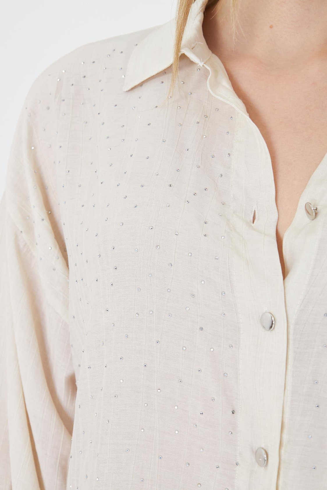 Önü Taşlı Çizgili Rayon Gömlek - Ekru