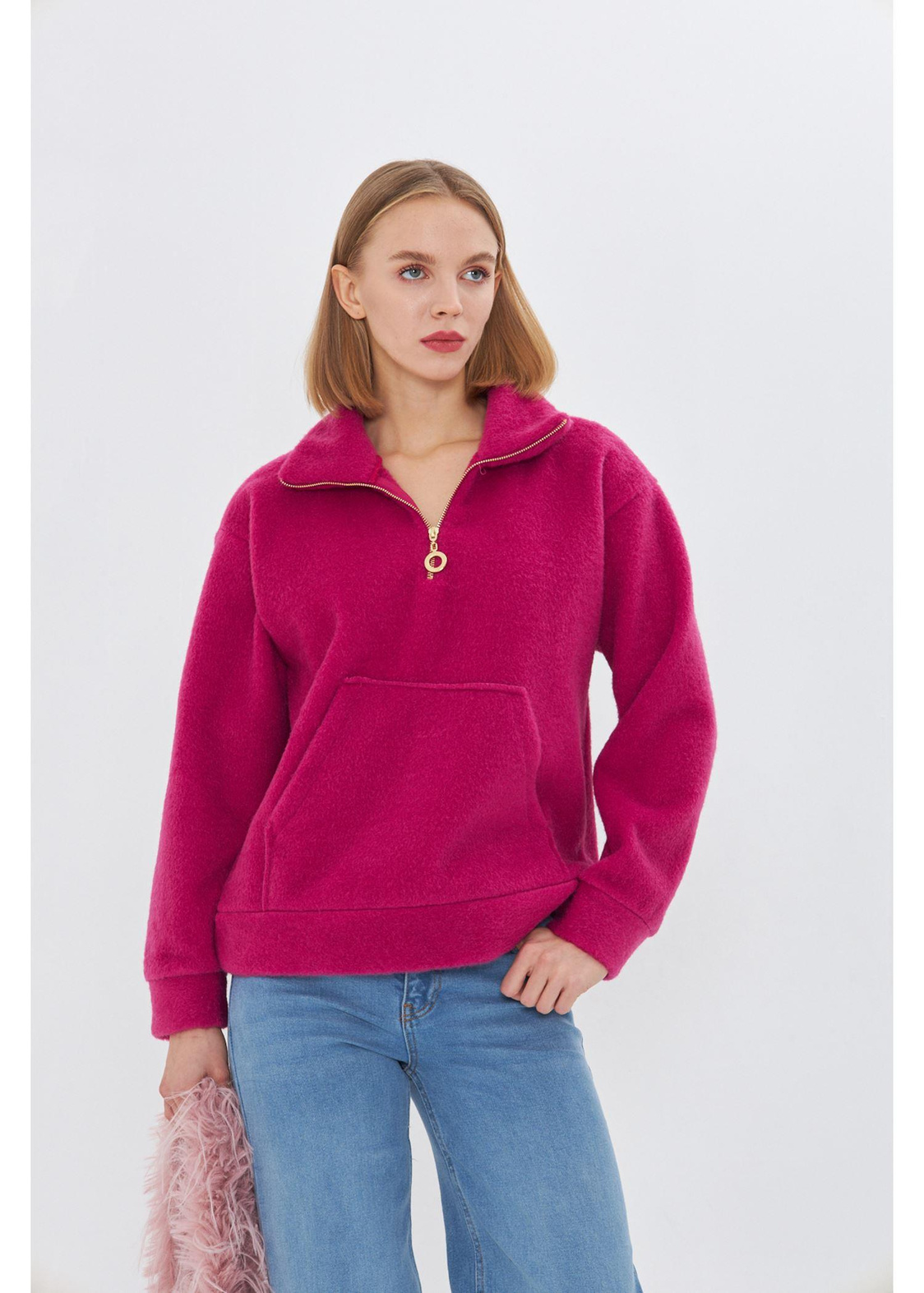 Önü Yarım Fermuarlı Kaşe Sweatshirt