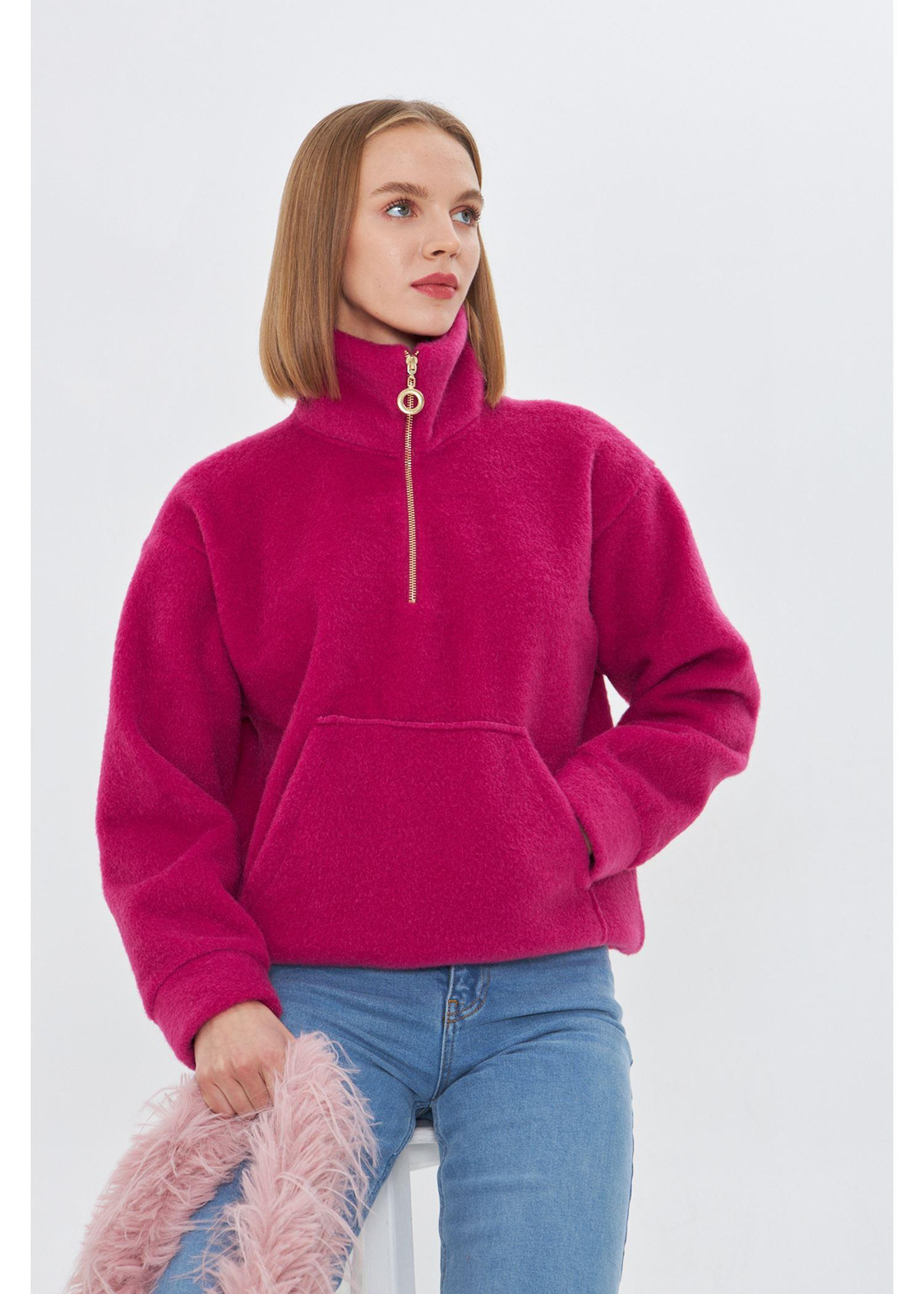 Önü Yarım Fermuarlı Kaşe Sweatshirt