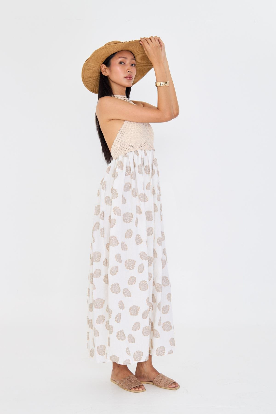 Örgü Detaylı Keten Görünümlü Sırt Dekolteli Elbise