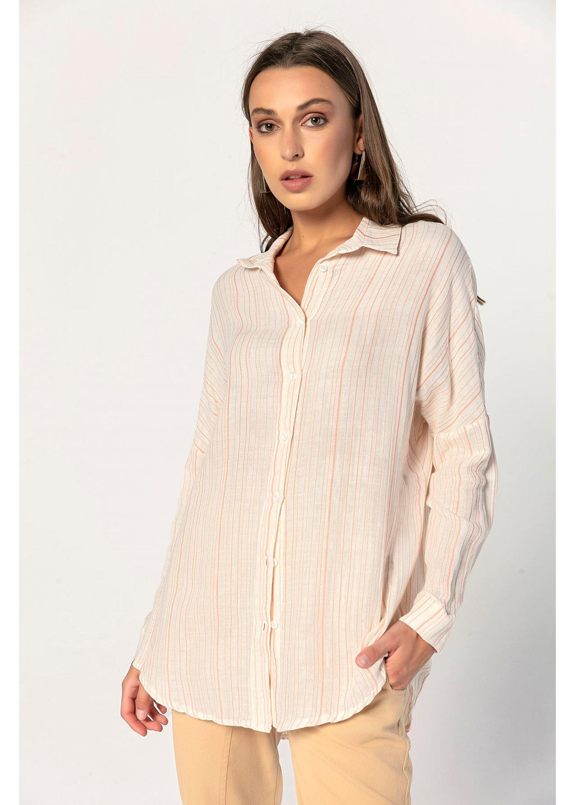 Oversize Çizgili Keten Gömlek-Kırmızı