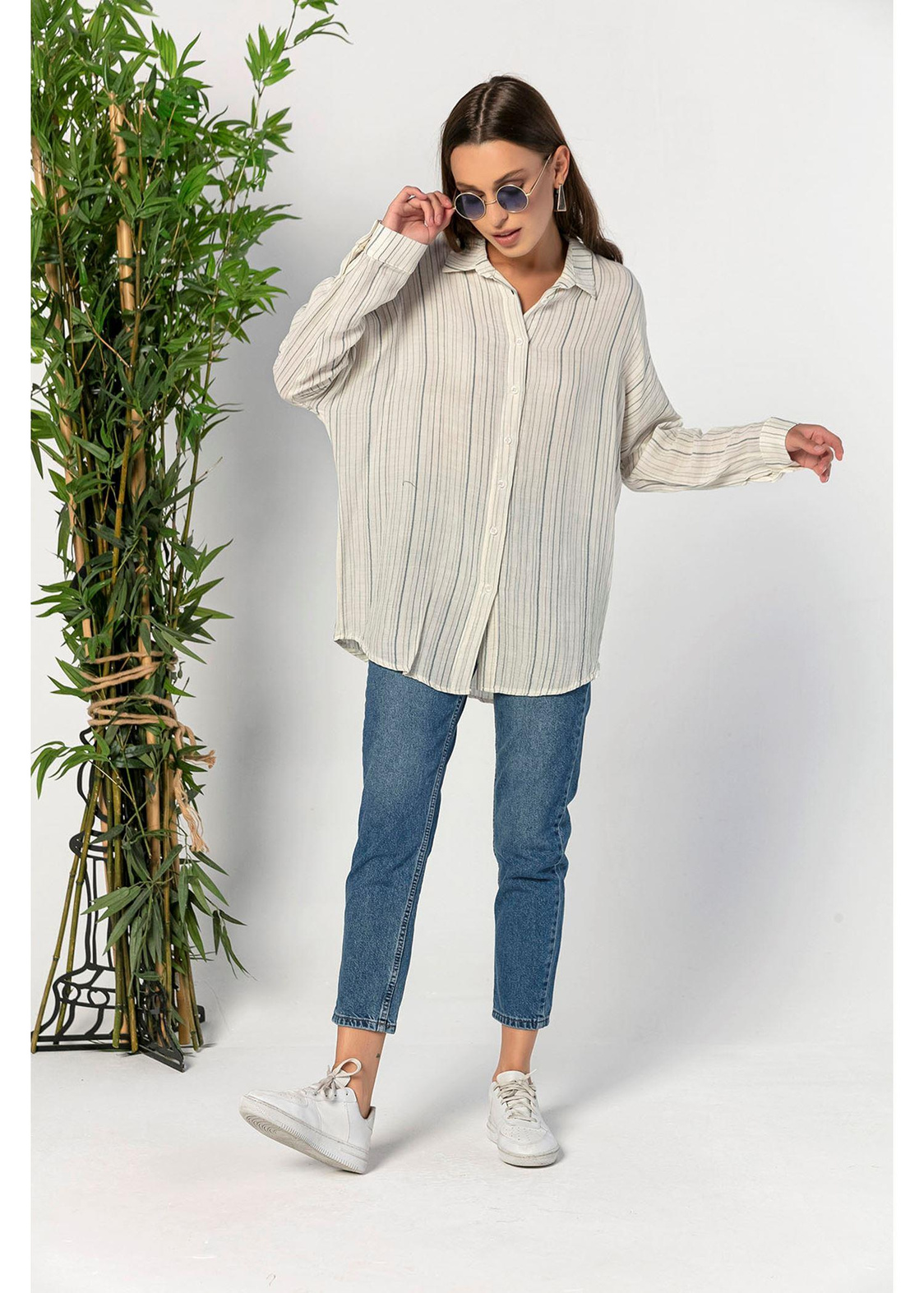 Oversize Çizgili Keten Gömlek-Mavi