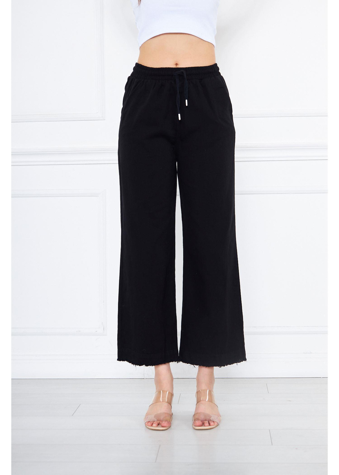 Paça Püsküllü Gabardin Pantolon-Siyah