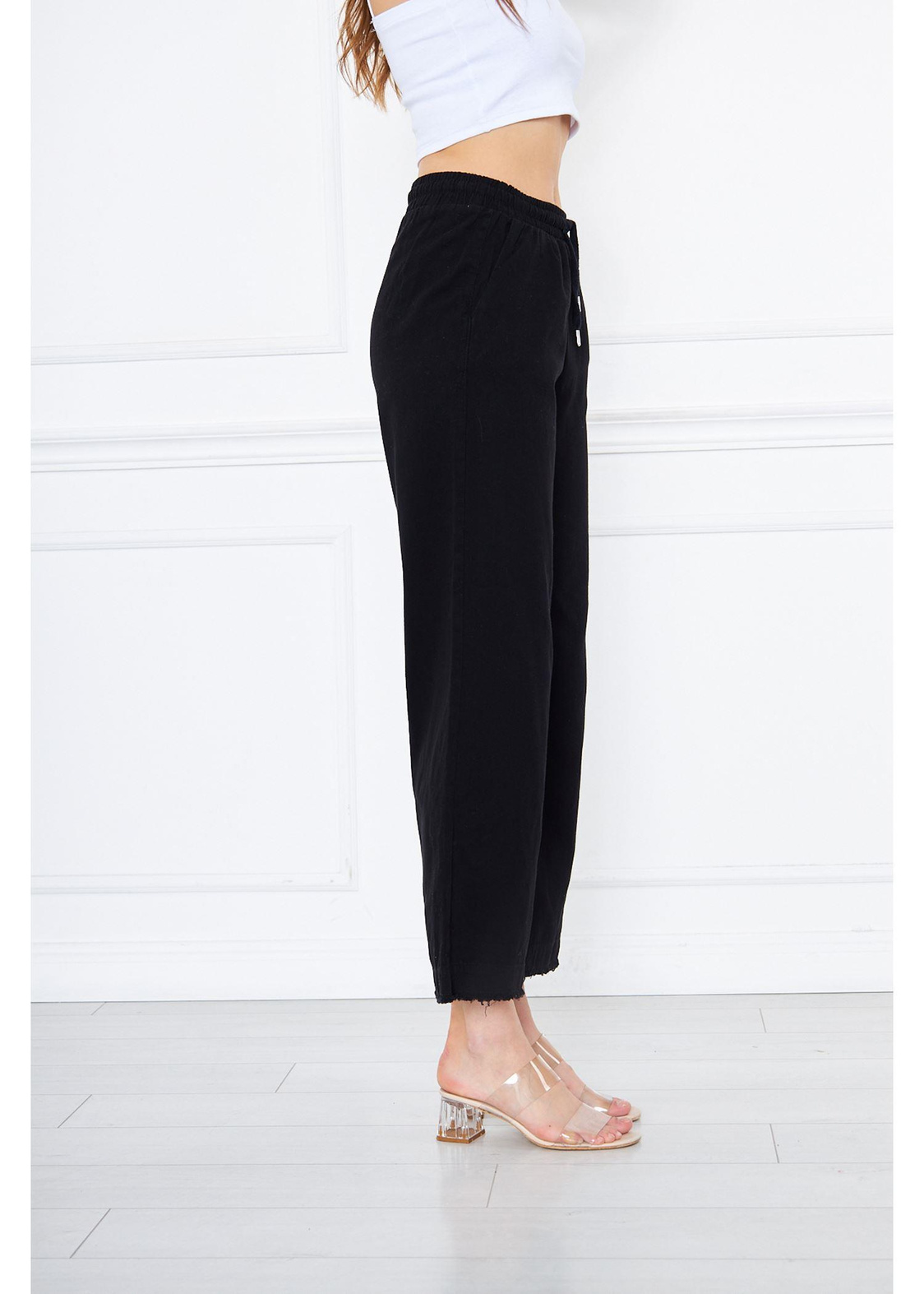 Paça Püsküllü Gabardin Pantolon-Siyah