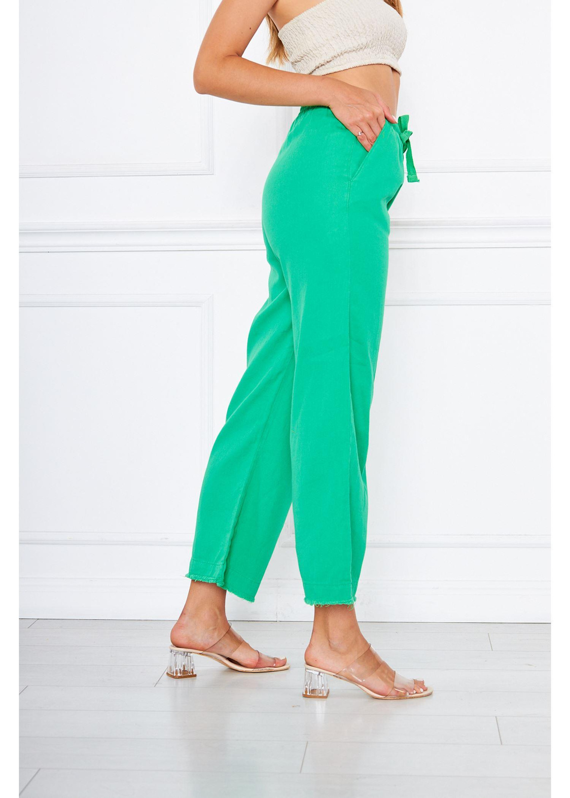 Paça Püsküllü Gabardin Pantolon-Yeşil