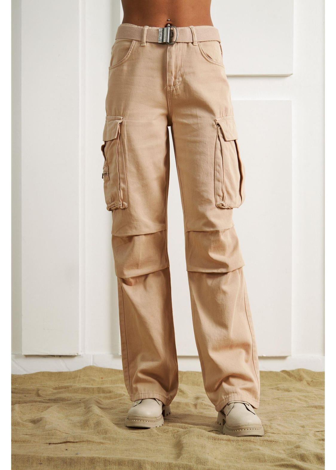 Palaskalı Kargo Cep Pantolon-Camel