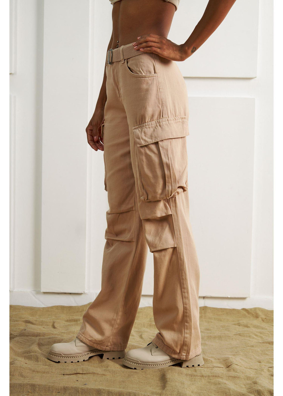 Palaskalı Kargo Cep Pantolon-Camel