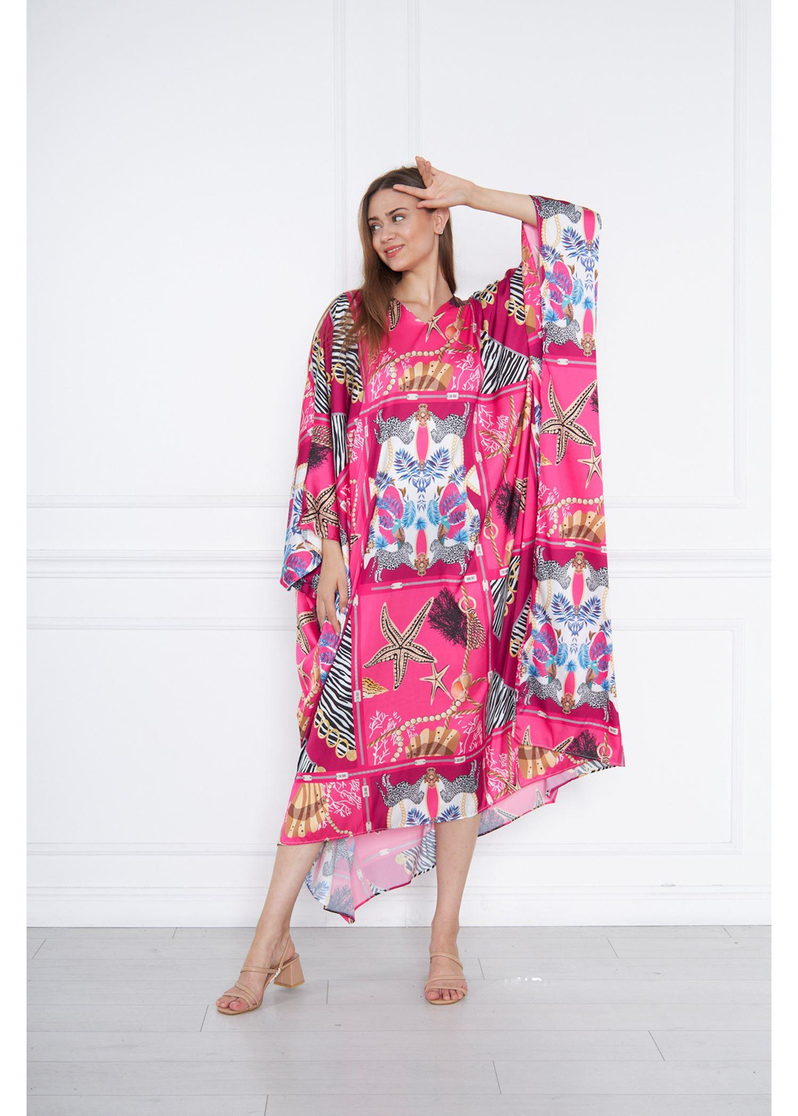 Pano Desenli Kimono-Fuşya